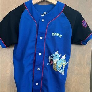 Pokemon Kids Blue and Black Button Down Shirt with Red Piping